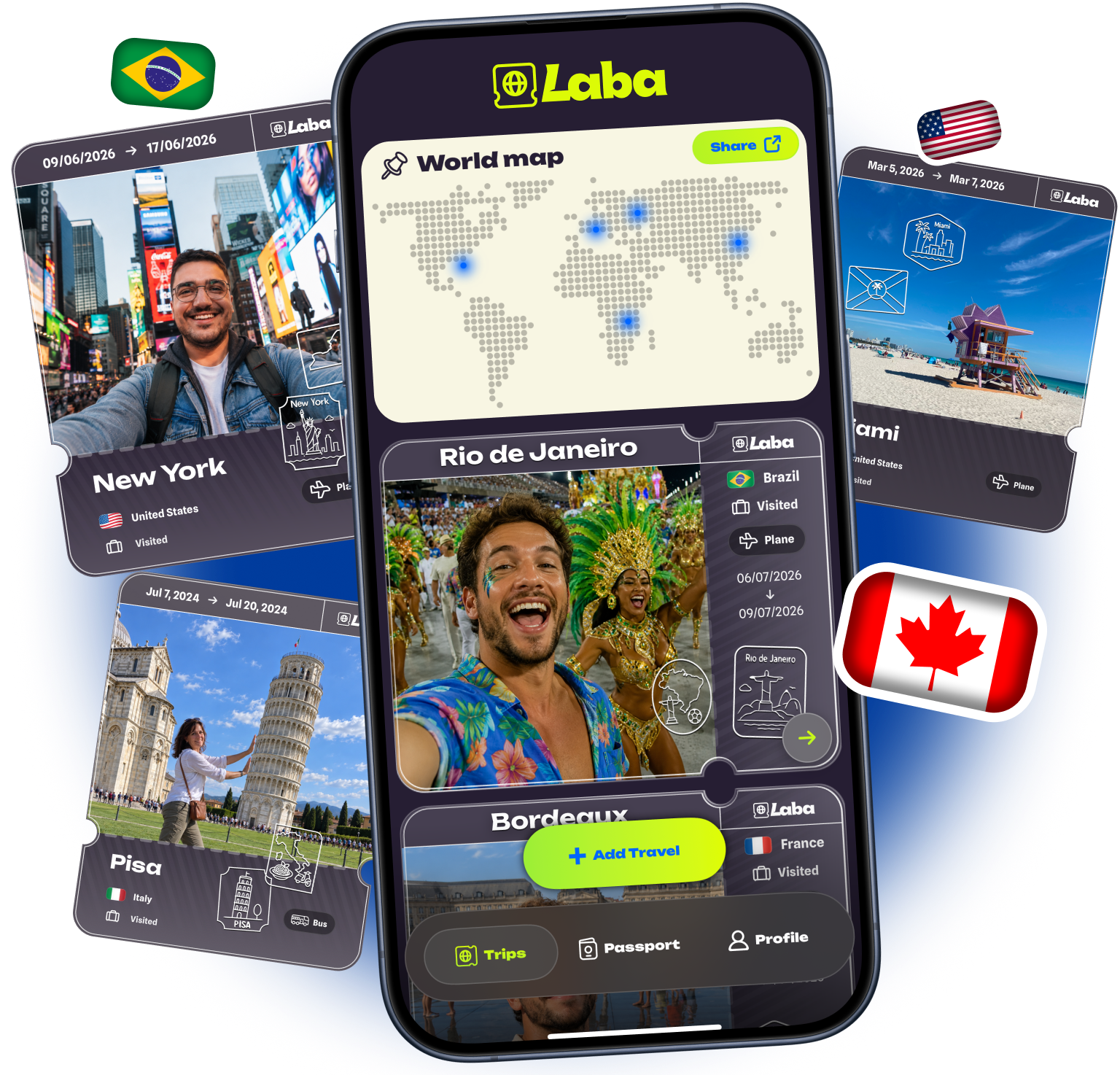 Laba on iPhone with a world map and photo travel tickets