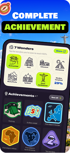 Unlock travel achievements and collect the seven wonders