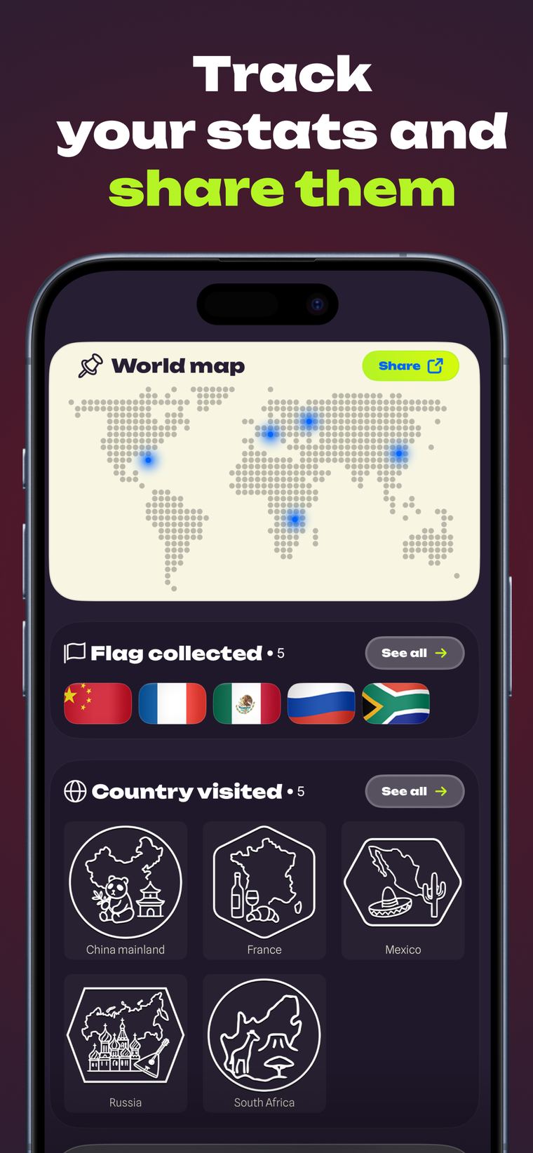 World map with visited countries and flags collected